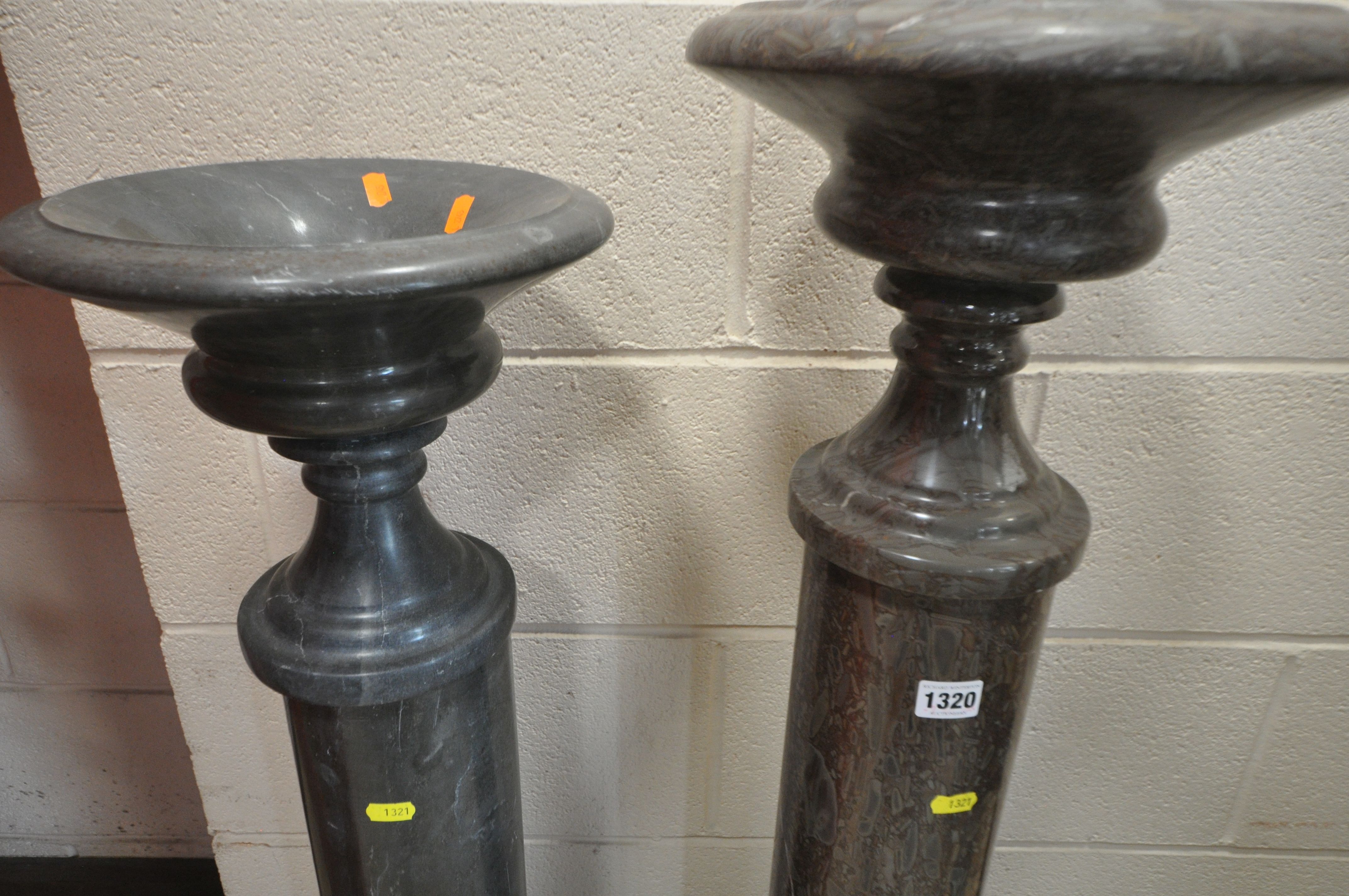 TWO MARBLE PILLARS, with dish tops, cylindrical columns on stepped bases, tallest height 110cm ( - Image 3 of 6