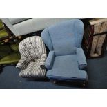 AN ART FORMA STRIPPED BUTTON BACK CHAIR, along with a blue wing back armchair (condition report: one