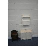 A CREAM PAINTED WALL HANGING DOUBLE DOOR CABINET, width 58cm x depth 17cm x height 57cm, a smaller