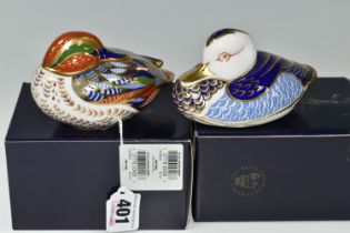 TWO BOXED ROYAL CROWN DERBY PAPERWEIGHTS, comprising Teal and Duck, each with gold stopper, red