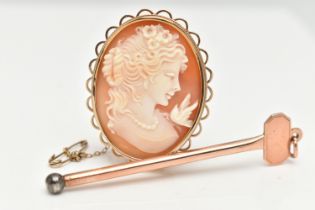 A 9CT GOLD CIGAR PIERCER AND A CAMEO BROOCH, a rose gold key fitted with a metal removeable screw,