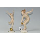 TWO 1930s HUTSCHENREUTHER PORCELAIN NUDE FIGURES, two Art Deco figures comprising 'Ball Player',