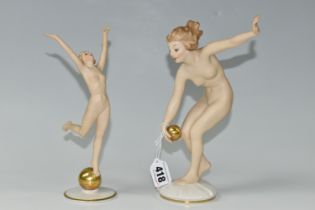 TWO 1930s HUTSCHENREUTHER PORCELAIN NUDE FIGURES, two Art Deco figures comprising 'Ball Player',