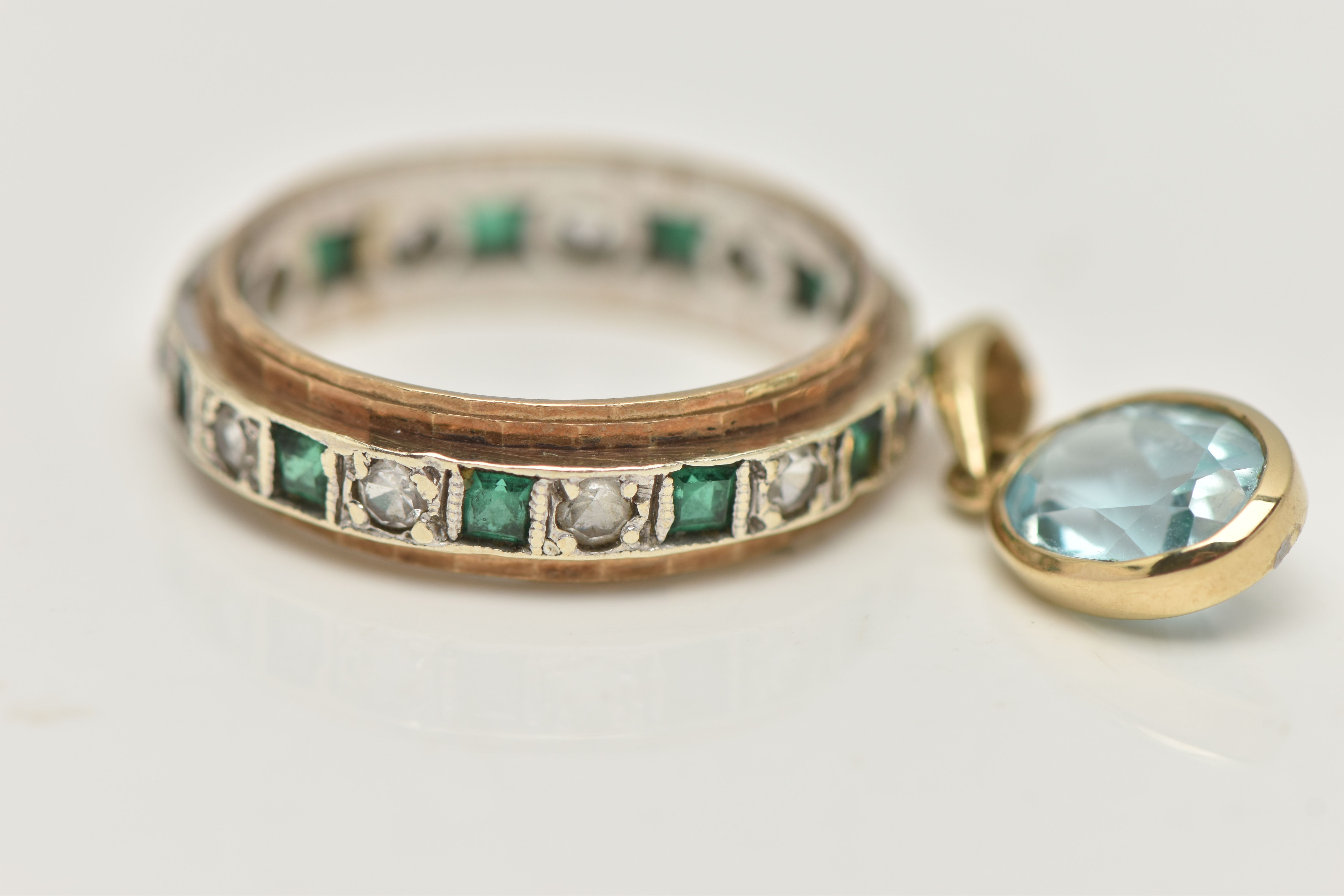 A 9CT GOLD SPINEL AND EMERALD FULL ETERNITY BAND, AND A PENDANT, the ring set with a row of square - Image 3 of 4