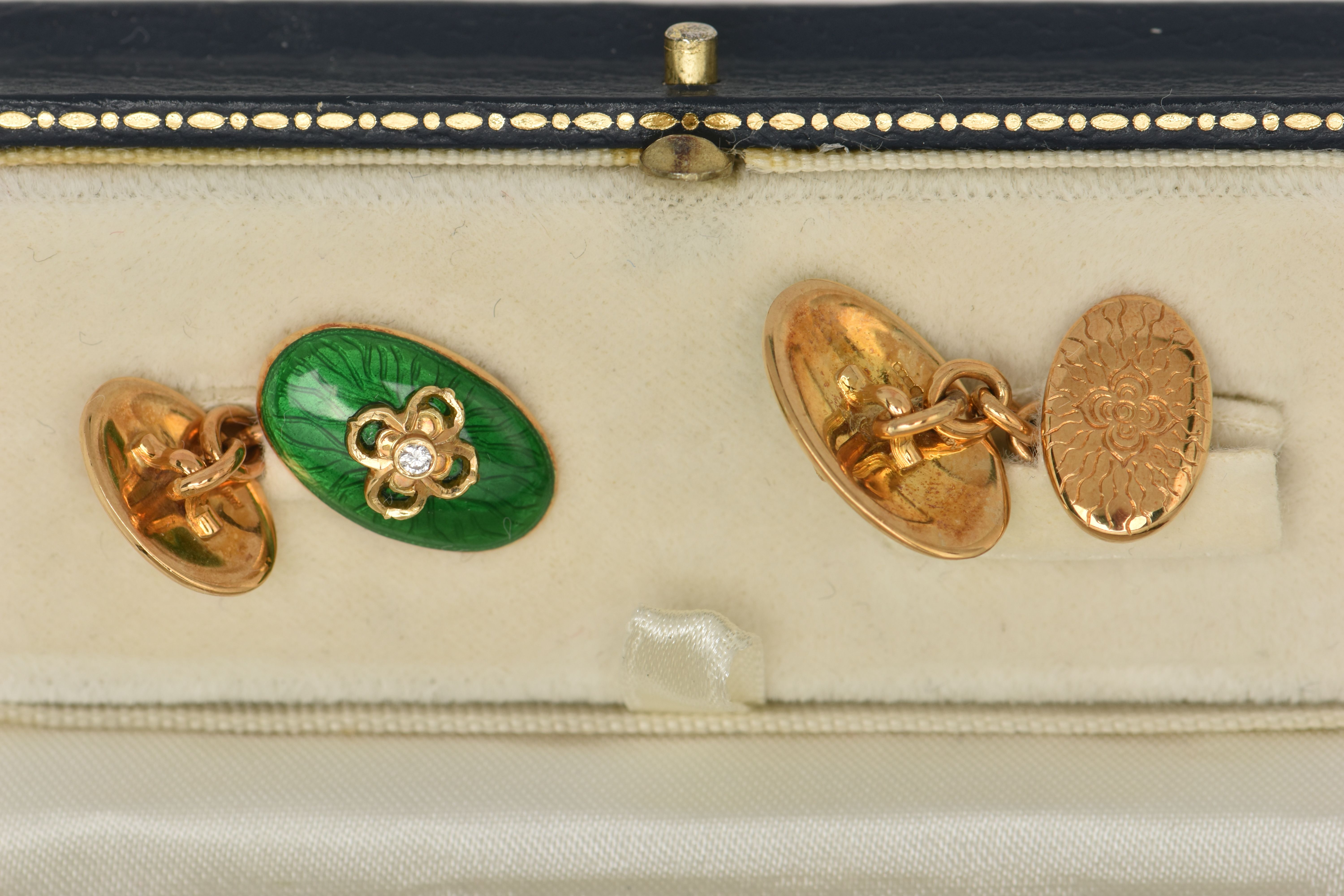 A PAIR OF 18CT GOLD ENAMEL AND DIAMOND CUFFLINKS, each designed as an oval green enamel panel with - Image 4 of 4
