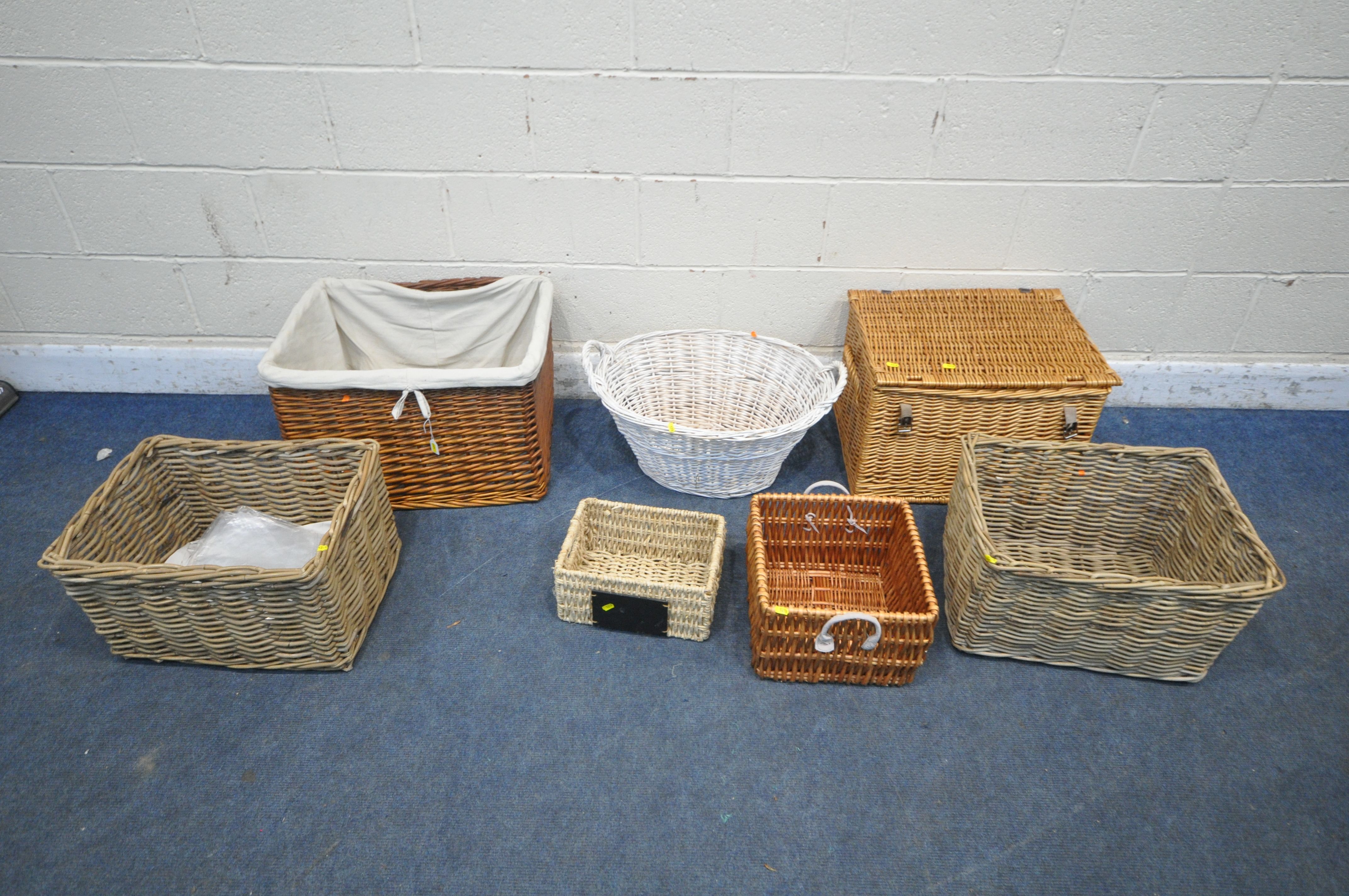 SEVEN WICKER BASKETS, of various shapes, sizes, colours, etc (7)