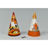 TWO LIMITED EDITION BRADEX 'CLARICE CLIFF' CENTENARY 1899-1999 CONICAL SUGAR SIFTERS, comprising