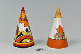 TWO LIMITED EDITION BRADEX 'CLARICE CLIFF' CENTENARY 1899-1999 CONICAL SUGAR SIFTERS, comprising