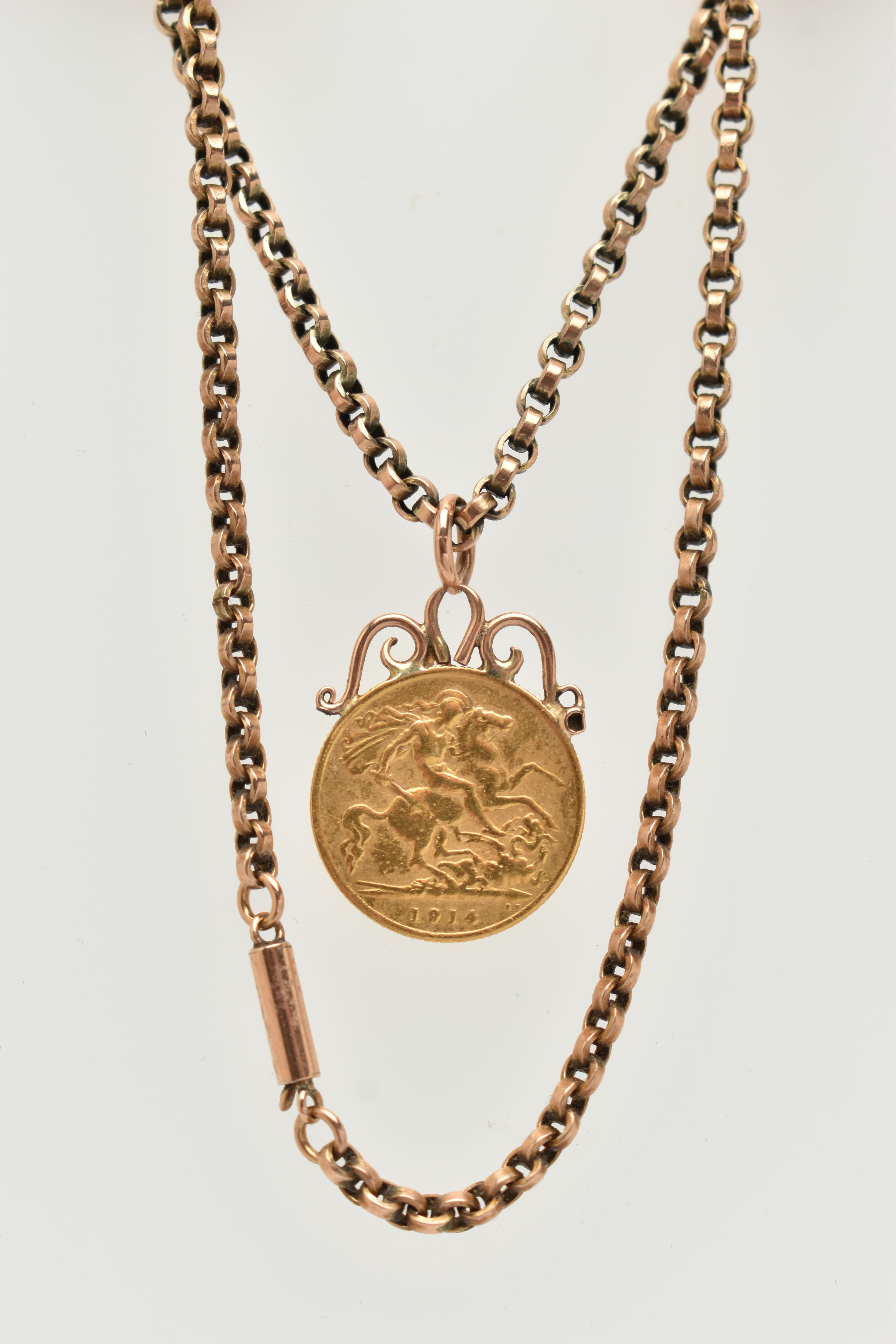 A MOUNTED HALF SOVEREIGN PENDANT AND CHAIN, George V half sovereign, dated 1914, fitted to a - Image 2 of 3