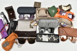 A BOX OF ASSORTED ITEMS, to include a pair of 'Ray Ban' Wayfarer 2140 sunglasses, a pair of Gucci