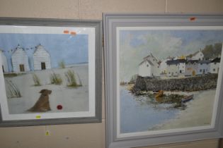 TWO DECORATIVE WALL ART PRINTS, comprising 'Morning Sands' by Anthony Waller depicting cottages