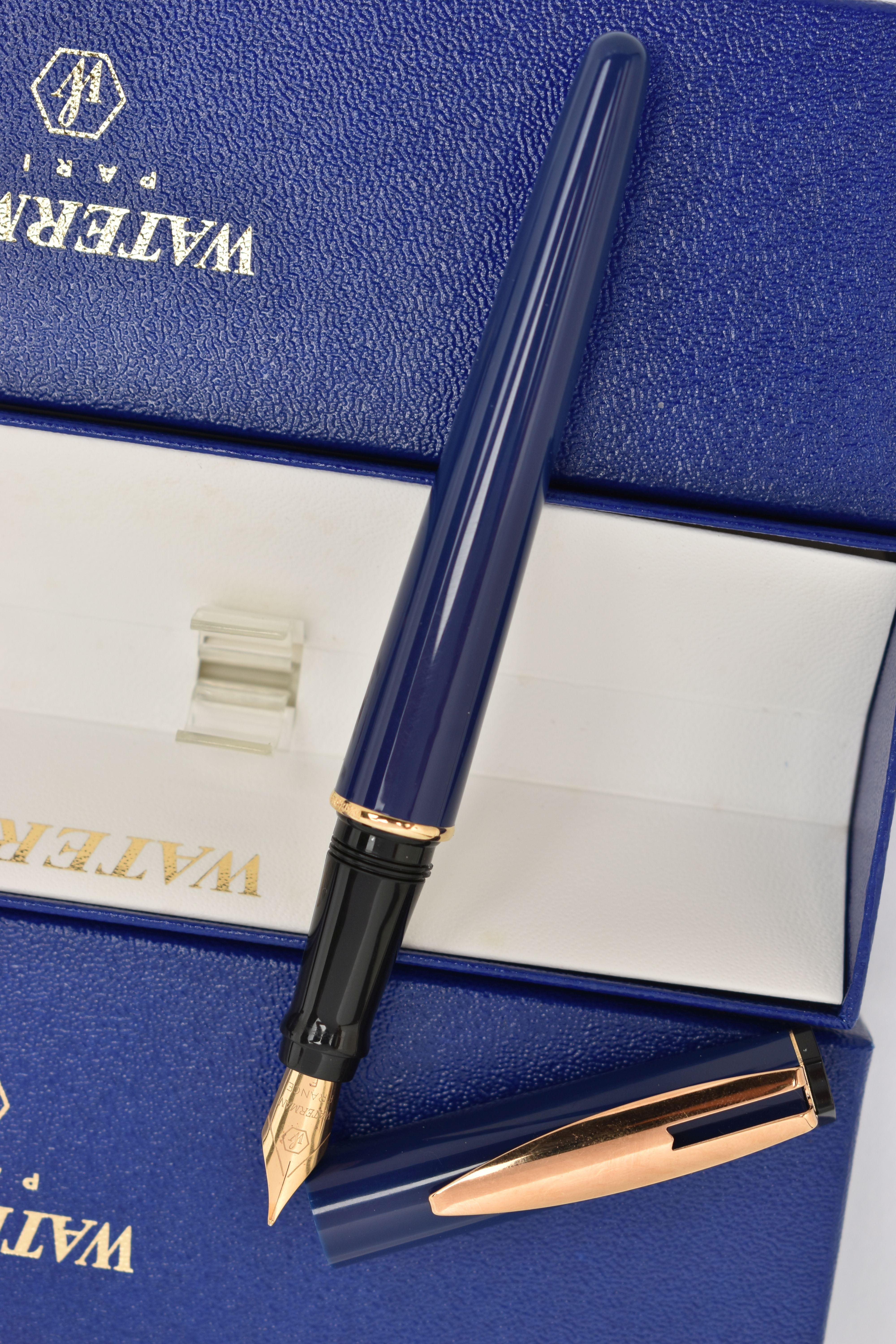 TWO BOXED 'WATERMAN' FOUNTAIN PENS, blue lacquer pens, signed to each collar 'Waterman', both fitted - Image 2 of 5