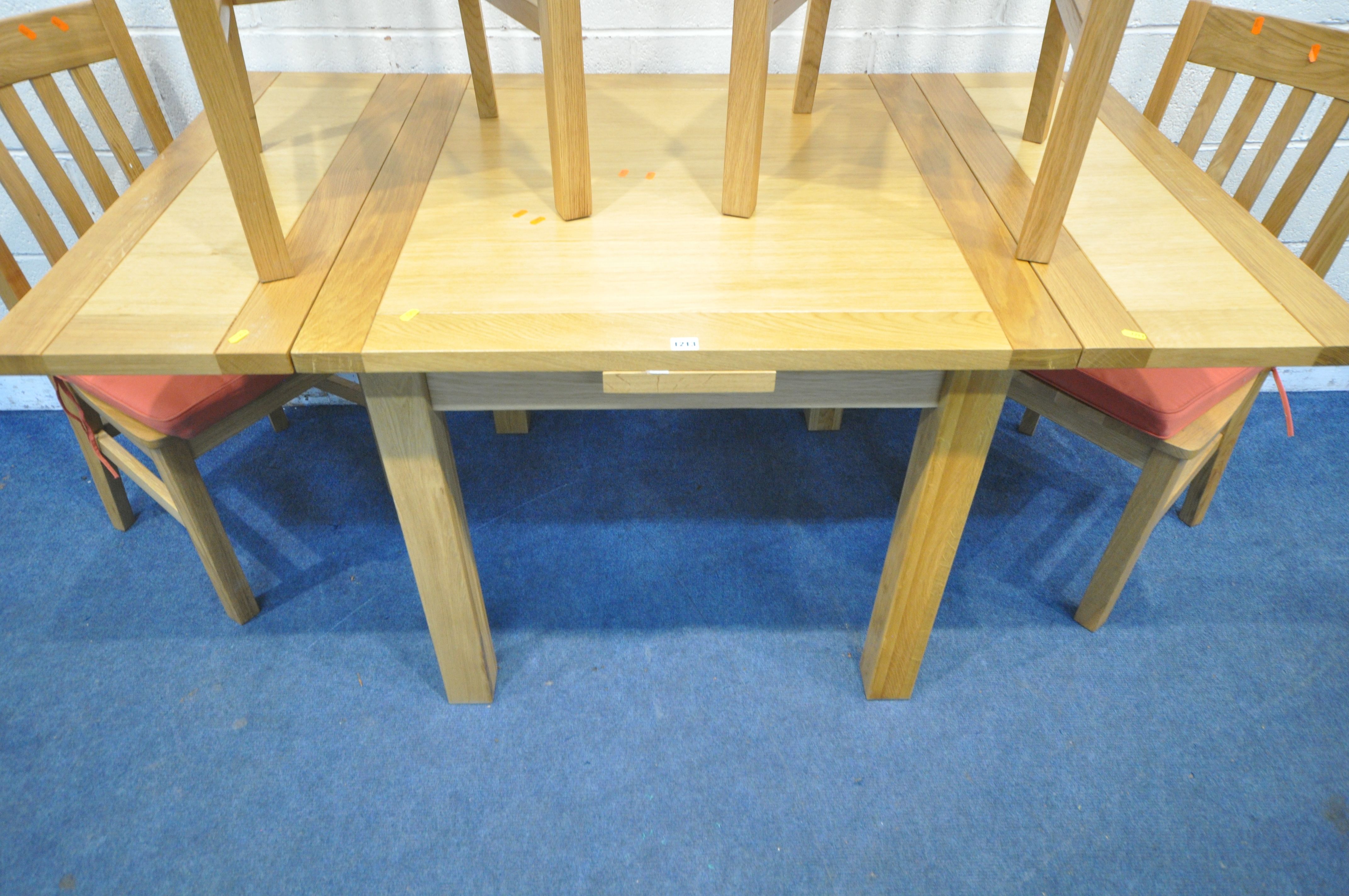 A MODERN LIGHT OAK DRAW LEAF DINING TABLE, open width 160cm x 90cm squared x height 78cm, along with - Image 3 of 4