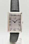 A BOXED GENTS 'DUNHILL' WRISTWATCH, silver rectangular dial signed 'Dunhill' Arabic numerals, blue