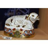 A BOXED ROYAL CROWN DERBY 'WATER BUFFALO' PAPERWEIGHT, with gold stopper, red printed backstamp