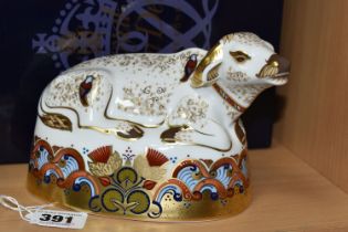 A BOXED ROYAL CROWN DERBY 'WATER BUFFALO' PAPERWEIGHT, with gold stopper, red printed backstamp