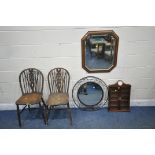 TWO 20TH CENTURY WHEEL BACK CHAIRS, a bevelled edge wall mirror, a circular wall mirror and a