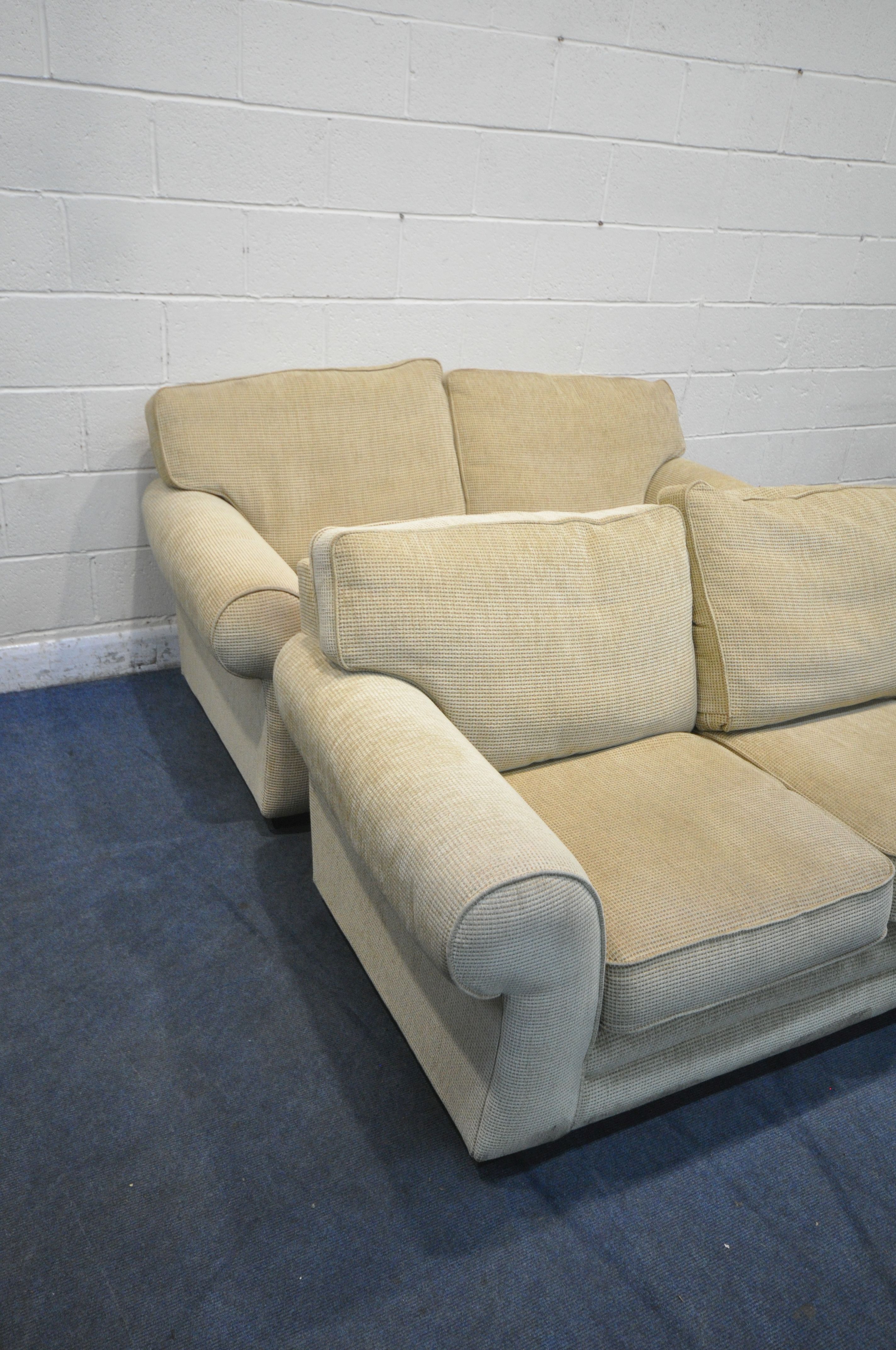 A PAIR OF BEIGE UPHOLSTERED TWO SEATER SOFAS, length 180cm x depth 94cm x height 84cm (condition - Image 2 of 3
