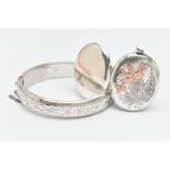 A SILVER HINGED BANGLE AND LOCKET, the bangle with floral pattern, fitted with a push piece