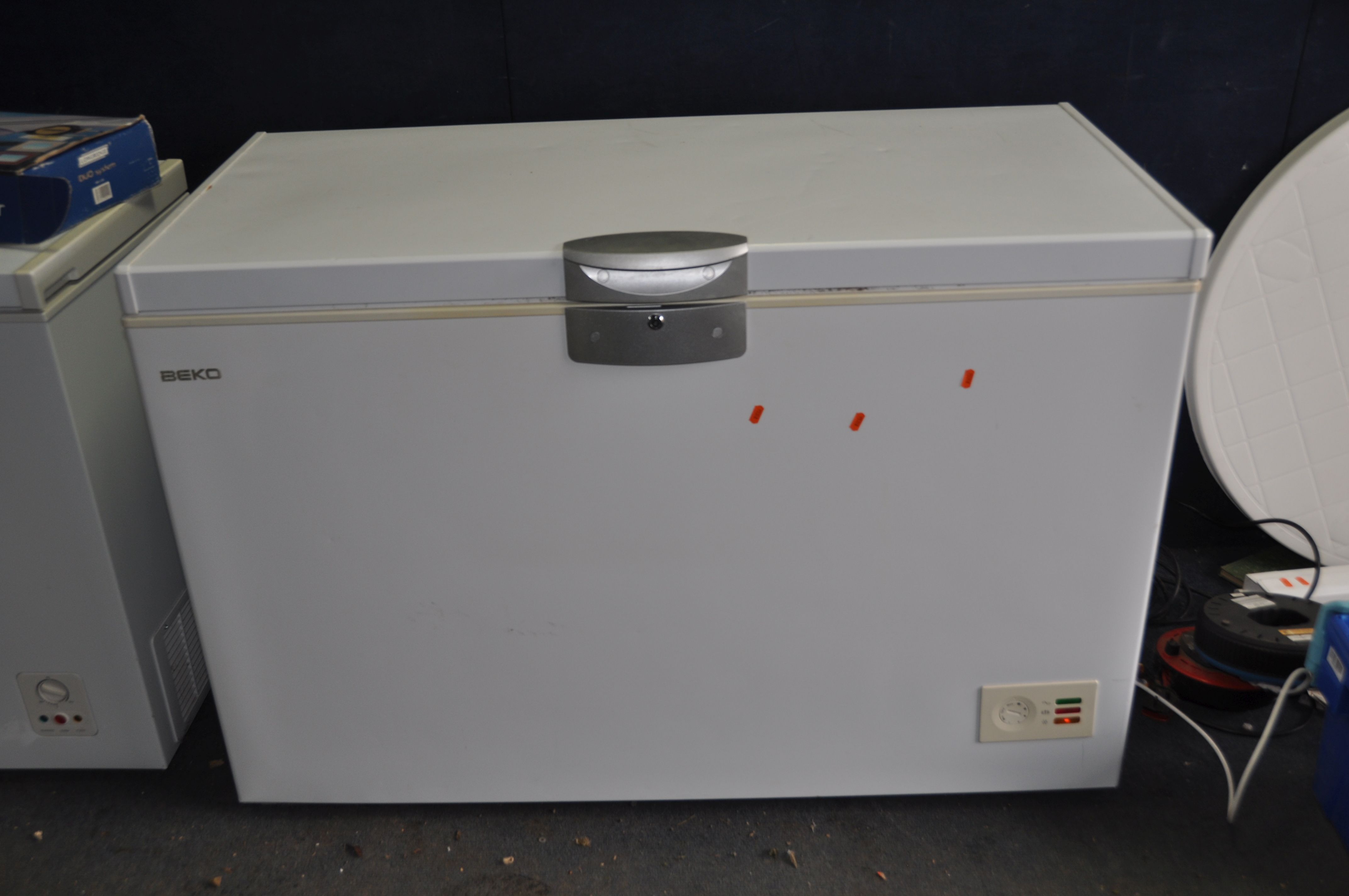 A LARGE BEKO CHEST FREEZER width 129cm depth 68cm height 86cm (PAT pass and working at -24 degrees)
