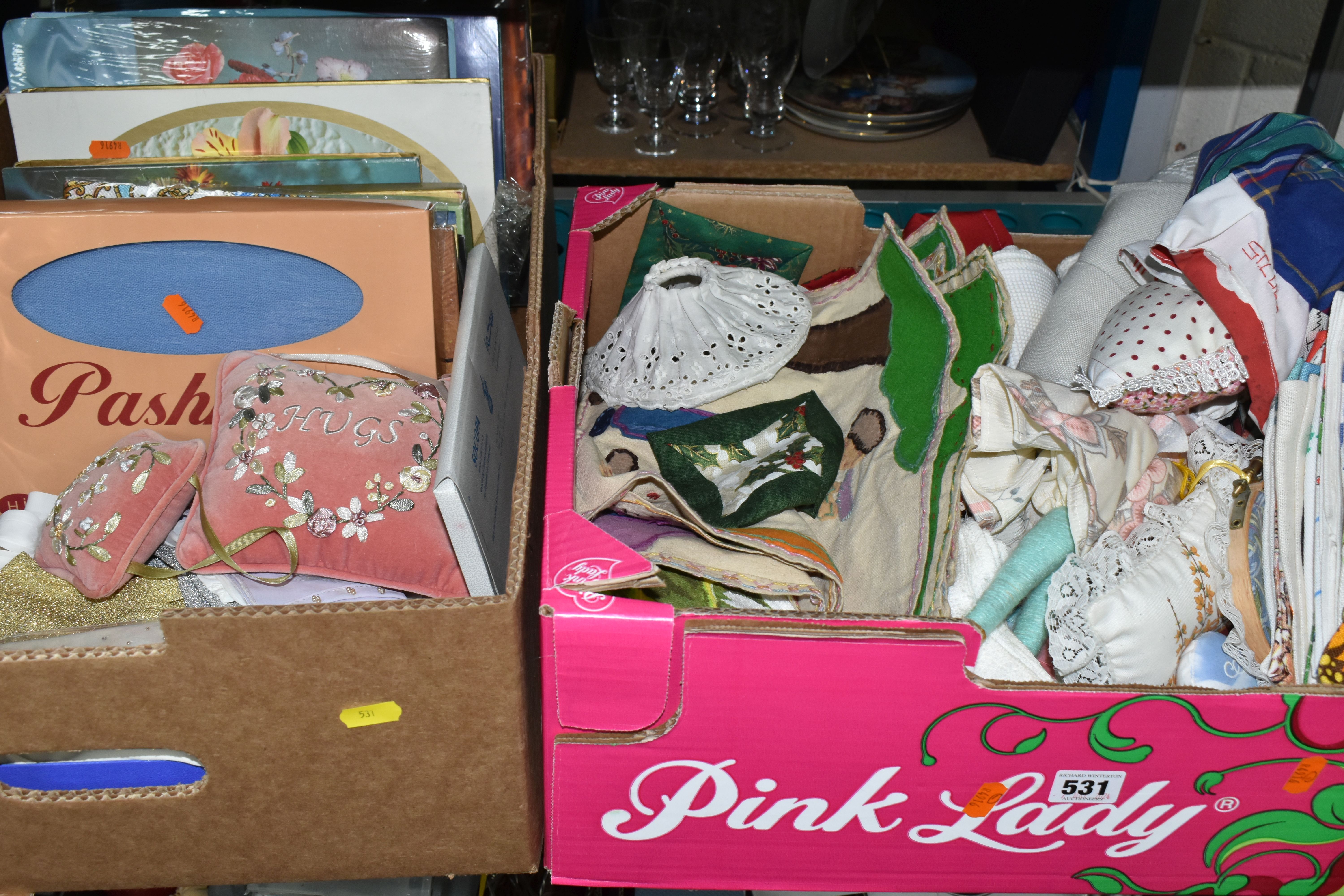 LADIES' VINTAGE CLOTHING ACCESSORIES AND TABLE LINEN ETC, to include sealed packs of tights, various