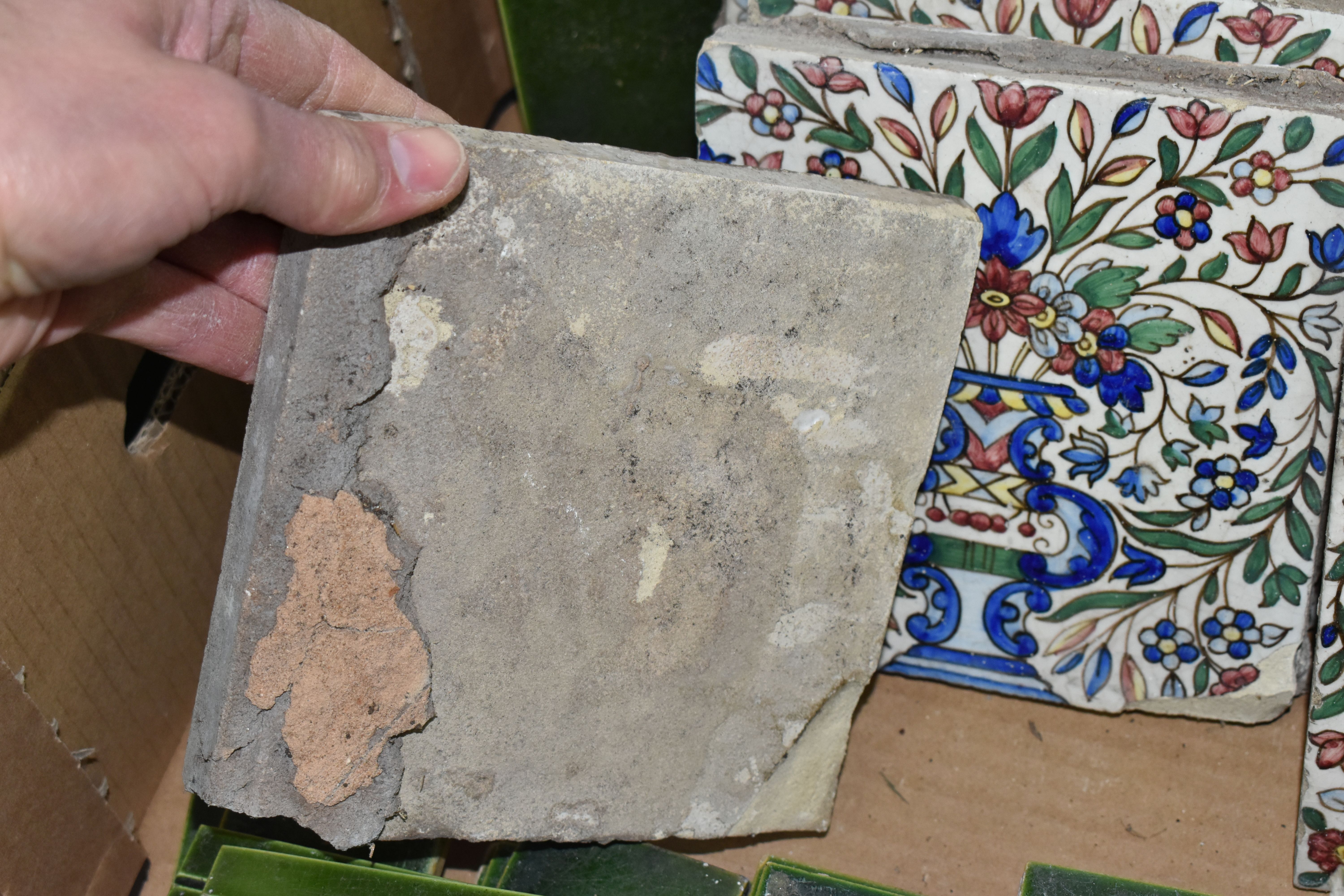 A BOX CONTAINING A SELECTION OF CERAMIC TILES INCLUDING BURSLEM AND WILLIAM DE MORGAN STYLE, - Image 7 of 8