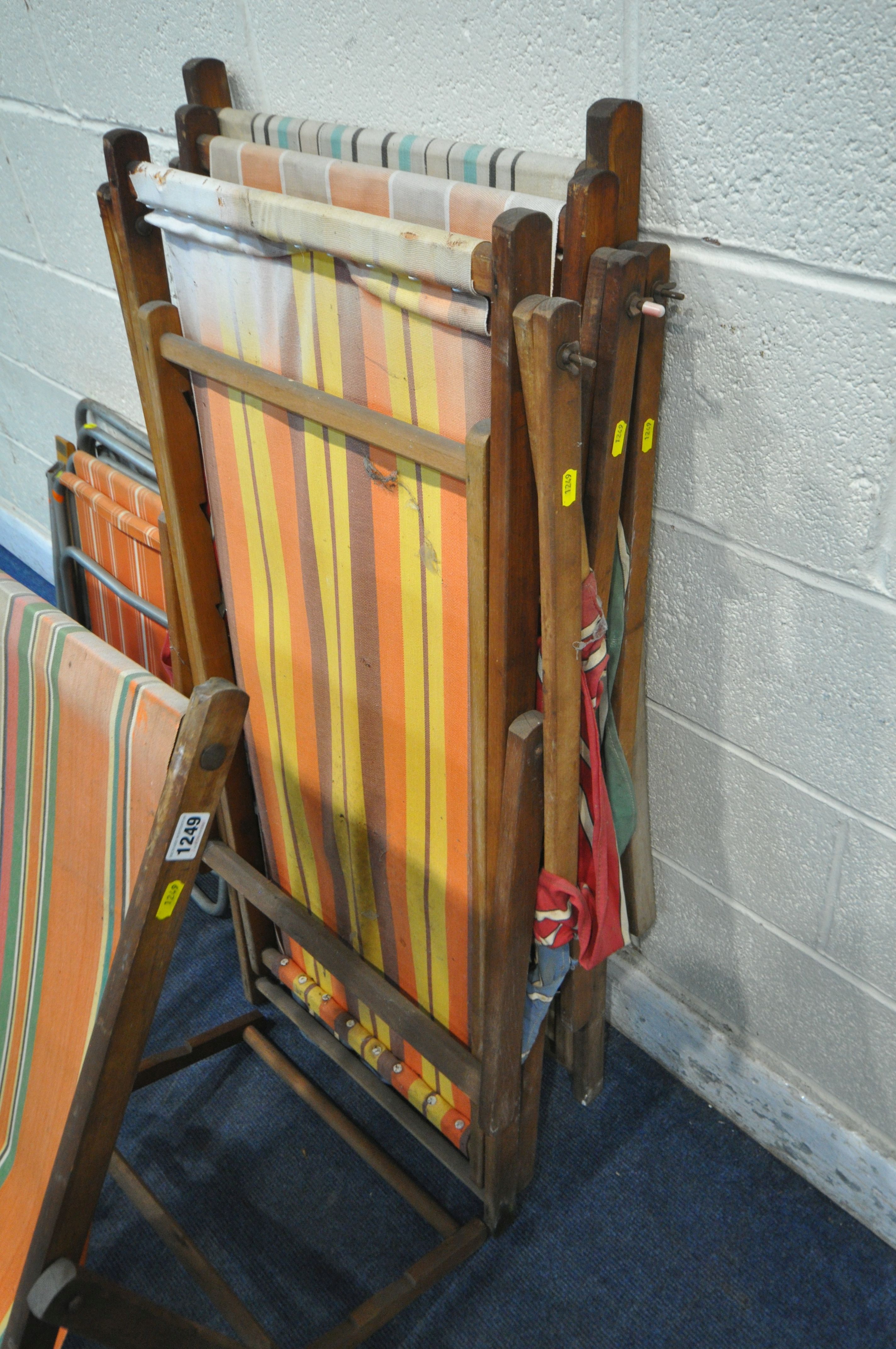 FOUR MID CENTURY FOLDING BEACH CHAIRS, with stripped fabric seats, along with a set of four - Image 3 of 4