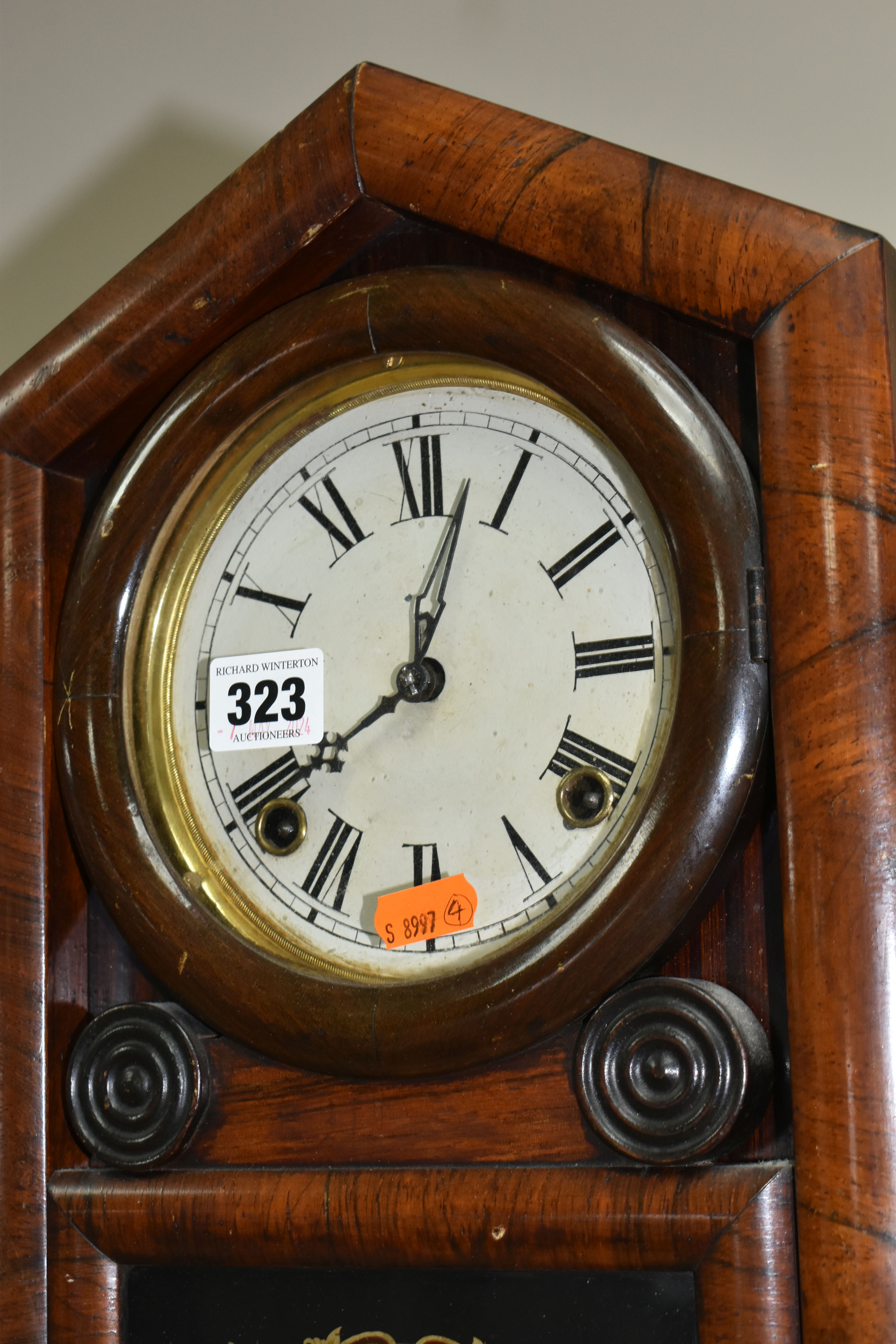 AN AMERICAN BRACKET CLOCK, veneered and painted case, printed with a vignette of a lakeside scene on - Image 6 of 6