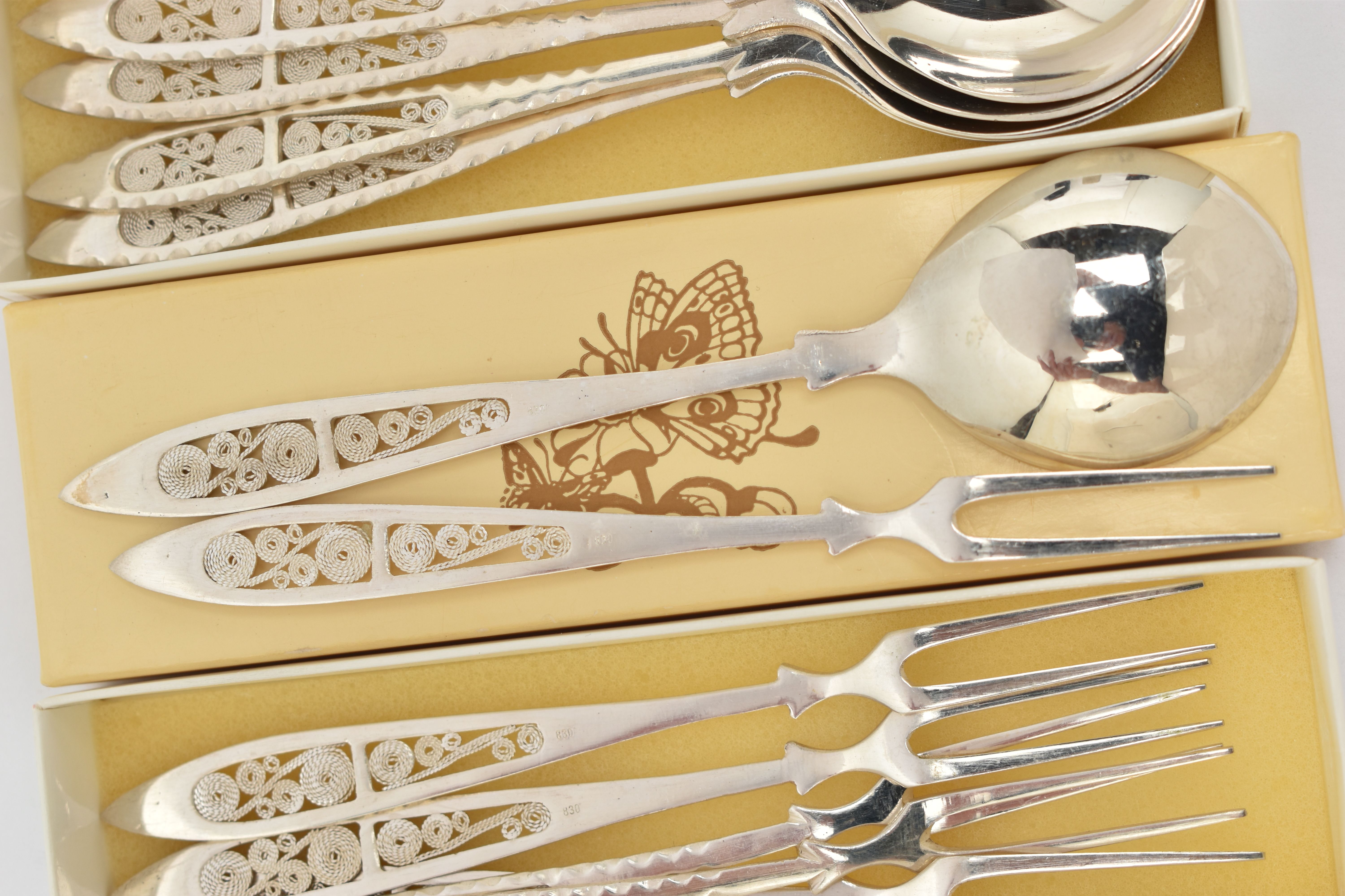 A SELECTION OF CONTINENTAL WHITE METAL CUTLERY, to include six spoons and six forks, with wire - Image 2 of 2