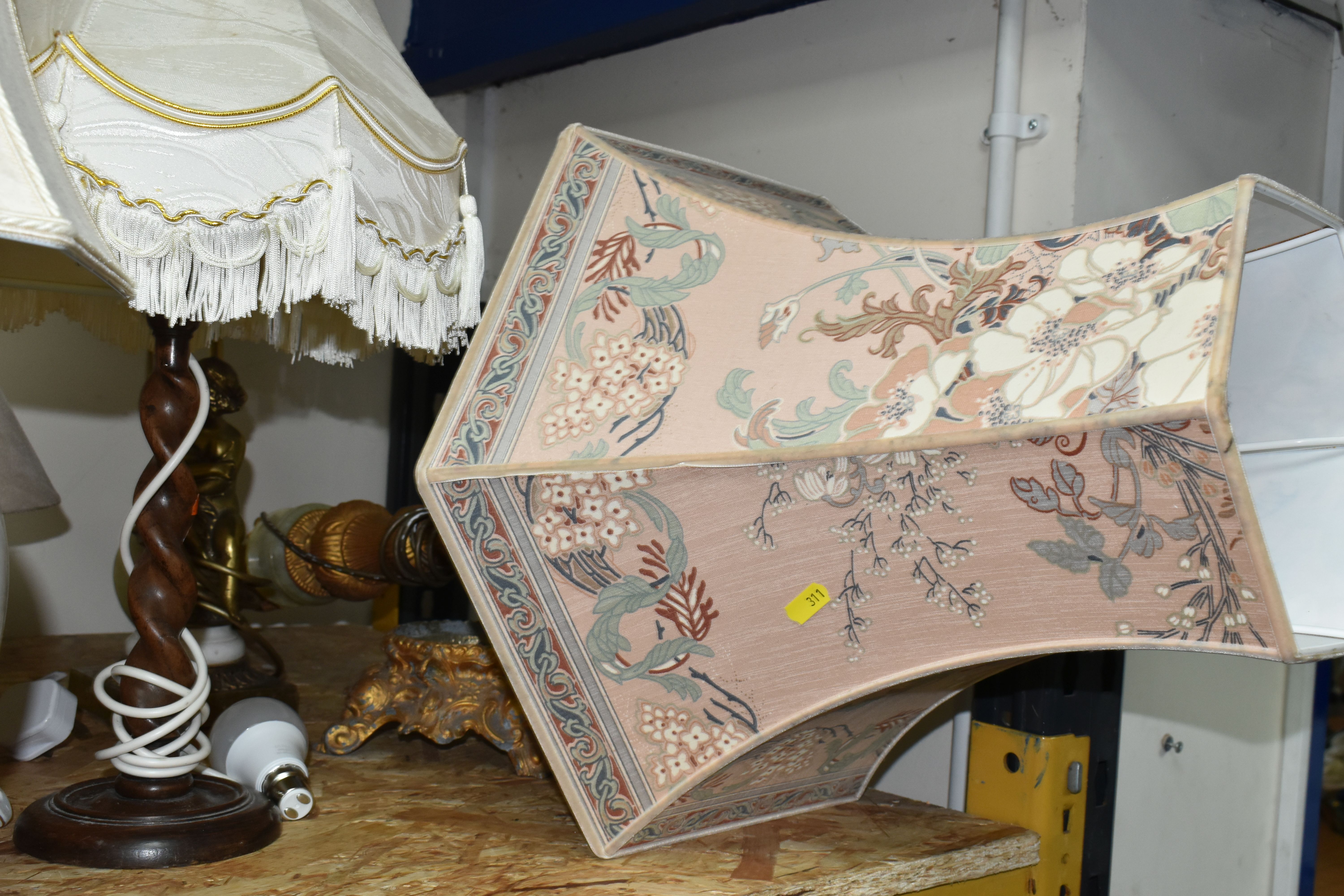 A GROUP OF TABLE LAMPS AND TWO 1930S GLASS 'FLYCATCHER' LIGHT SHADES, comprising a mottled orange - Image 6 of 7