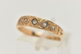 AN 18CT DIAMOND FIVE STONE RING, set with graduating single/old cut diamonds, claw set in a