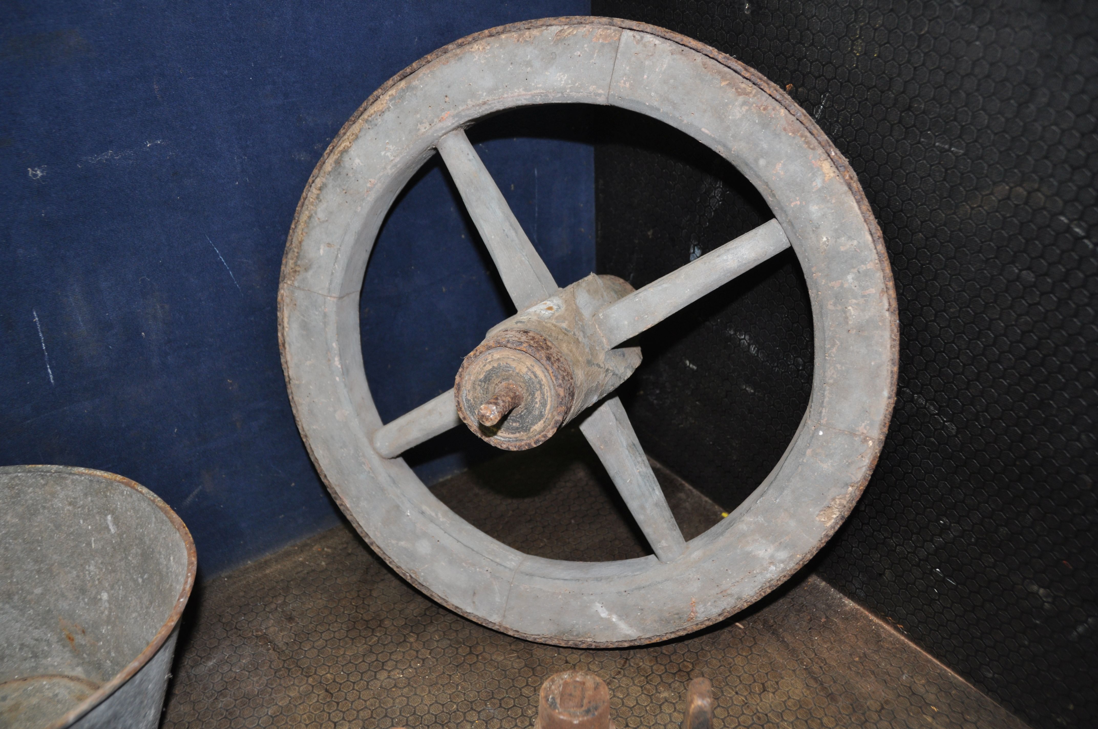 SEVEN ITEMS OF VINTAGE COLLECTABLES including an iron rimmed cart wheel 20in in diameter, a coaching - Image 5 of 5