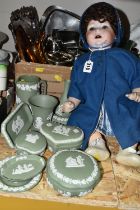 ONE BOX OF WEDGWOOD GREEN JASPERWARE, METALWARE AND SUNDRIES, to include an Armand Marseille