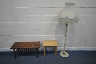 A BRASS AND ONYX STANDARD LAMP, height to fitting 140cm, a light oak lamp table, along with a
