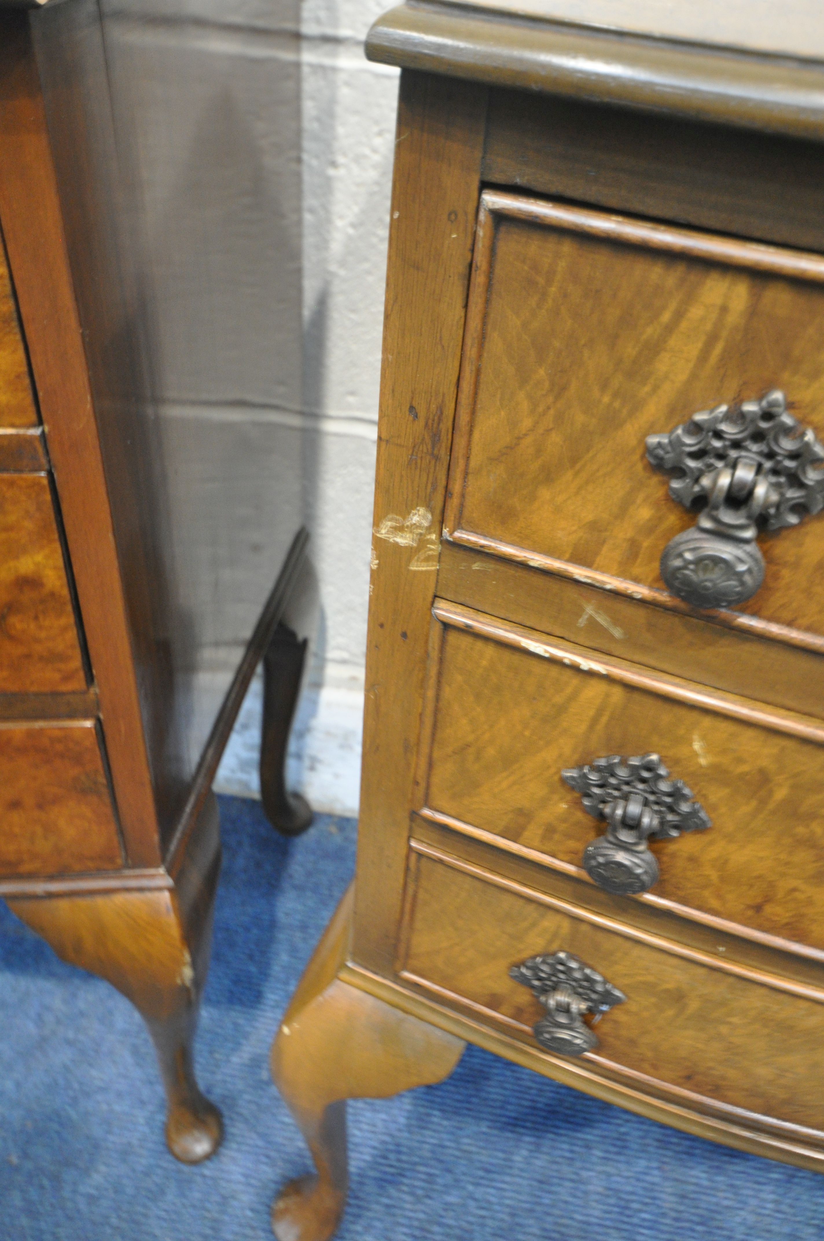 TWO BURR WALNUT BOW FRONT THREE DRAWER BEDSIDE CHESTS, raised on cabriole legs, largest width 53cm x - Image 4 of 4