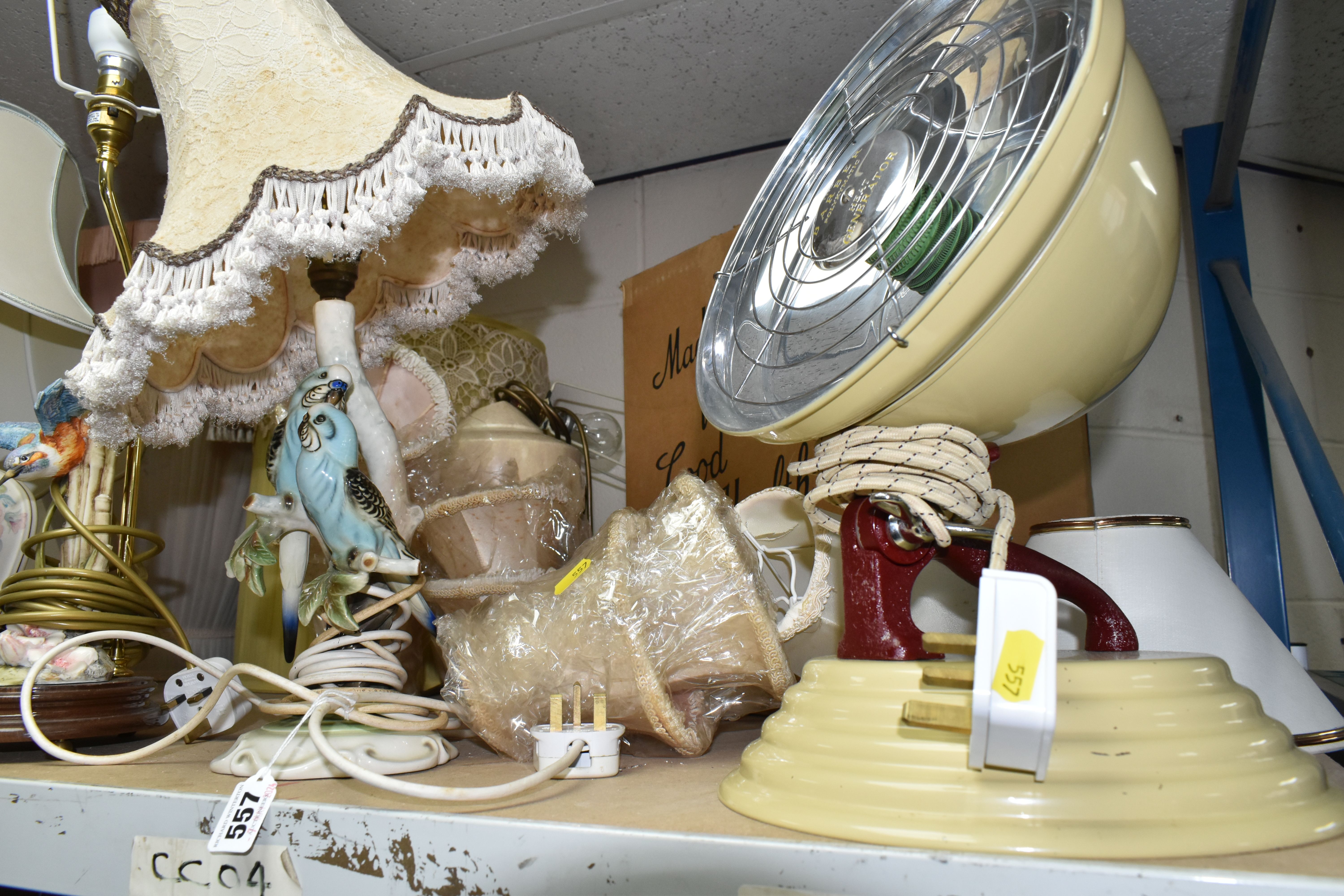 A QUANTITY OF TABLE LAMPS AND VINTAGE LAMPS SHADES, comprising a figural table lamp in the form of - Image 6 of 6