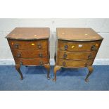TWO BURR WALNUT BOW FRONT THREE DRAWER BEDSIDE CHESTS, raised on cabriole legs, largest width 53cm x
