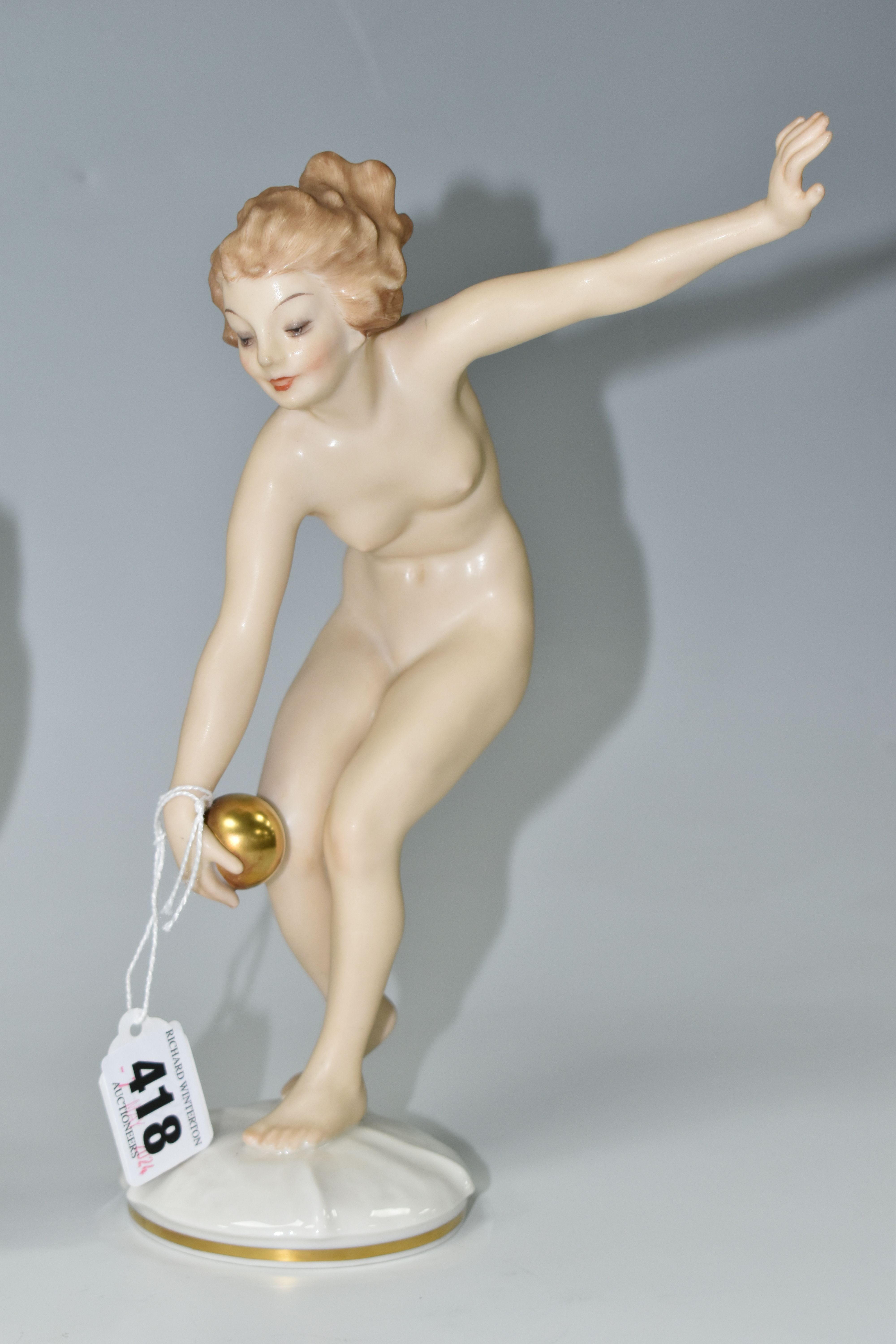 TWO 1930s HUTSCHENREUTHER PORCELAIN NUDE FIGURES, two Art Deco figures comprising 'Ball Player', - Image 2 of 5
