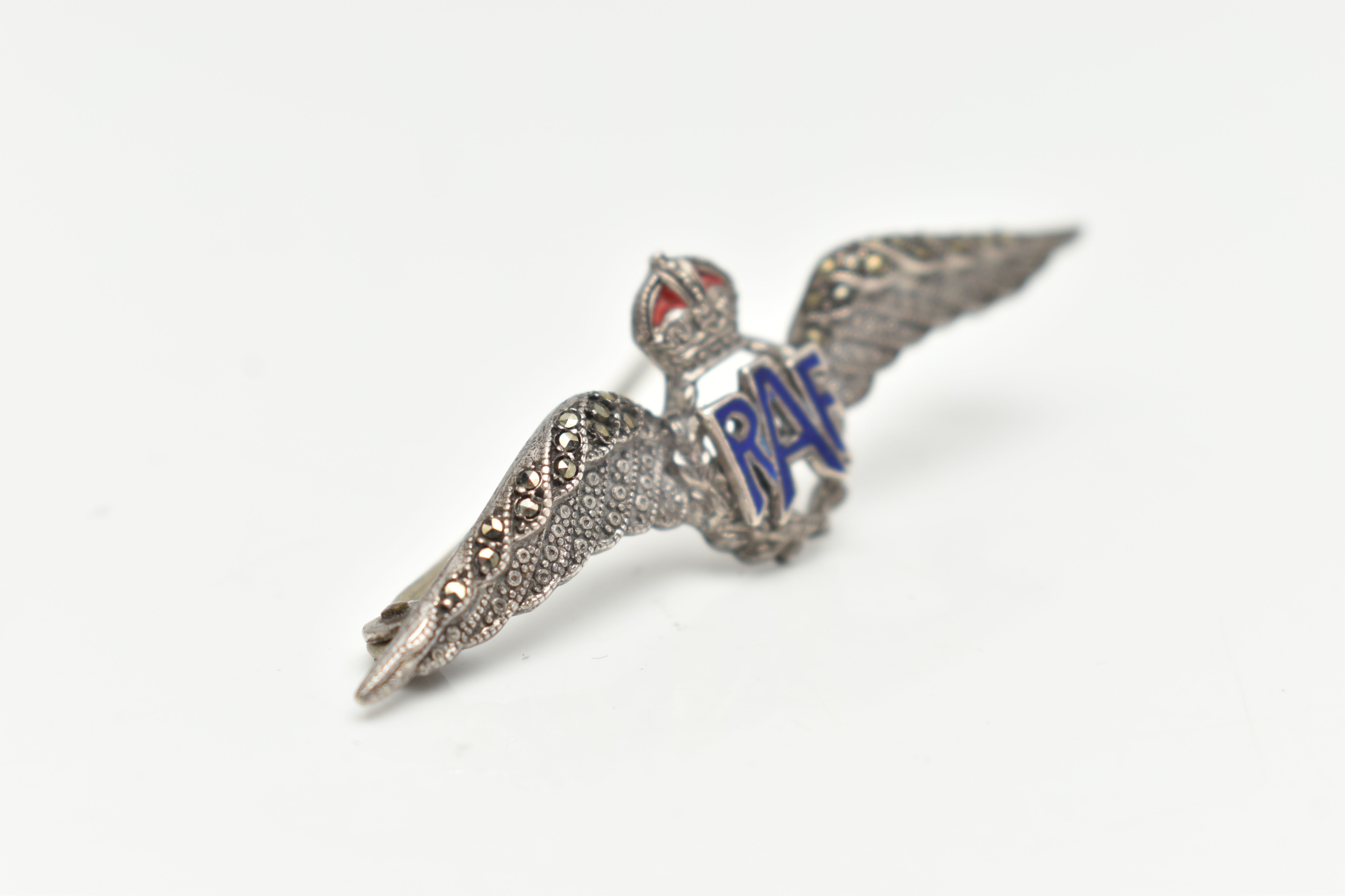 A WHITE METAL 'RAF' SWEETHEART BROOCH, with blue enamel detail and set with marcasite, approximate - Image 2 of 3
