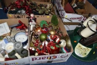 FOUR BOXES OF ASSORTED CHRISTMAS DECORATIONS AND CANDLES ETC glass, wood, textile Christmas tree