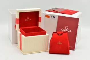 AN 'OMEGA' WATCH BOX, textured box with red ribbon detail, travel pouch interior, also including a