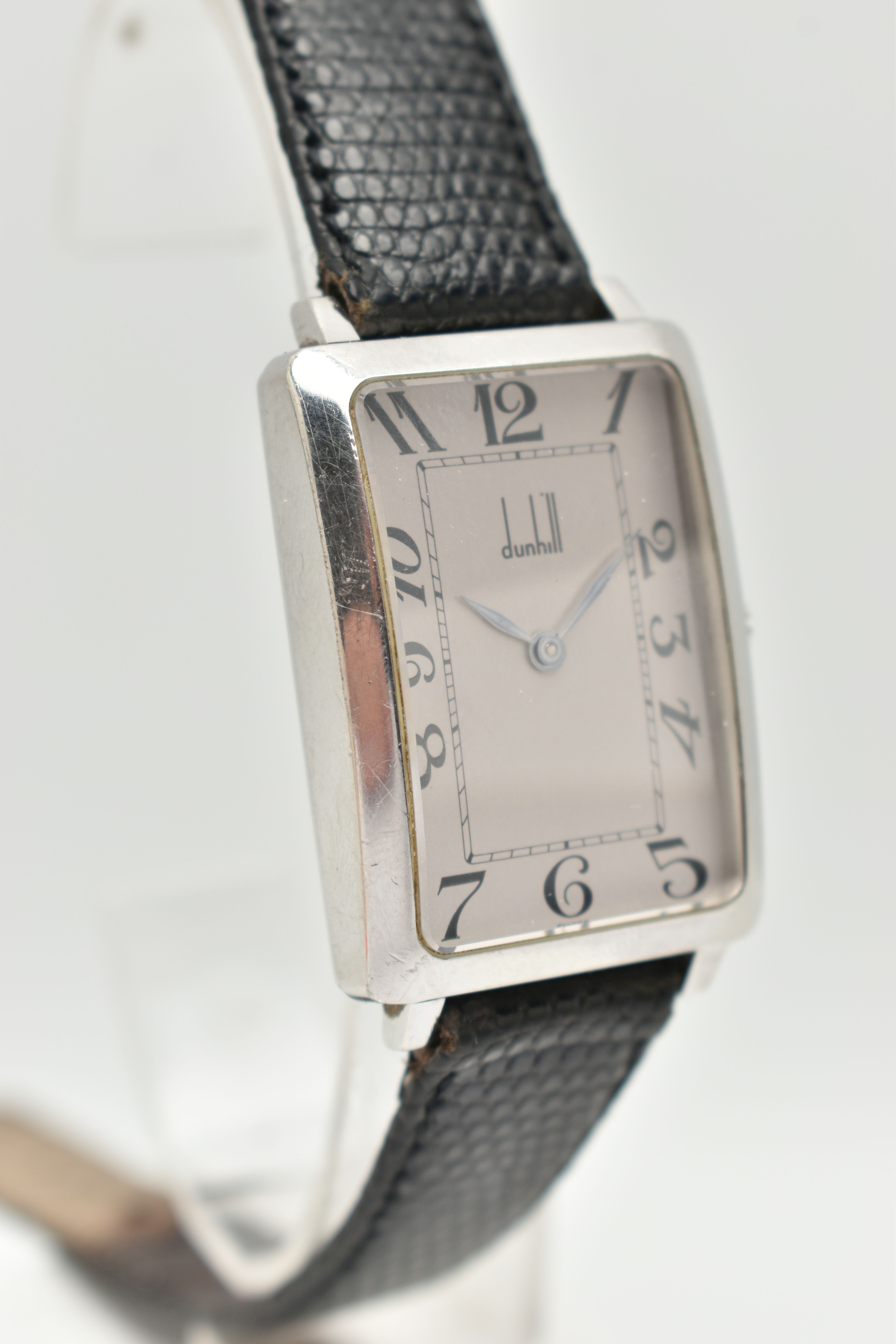 A BOXED GENTS 'DUNHILL' WRISTWATCH, silver rectangular dial signed 'Dunhill' Arabic numerals, blue - Image 2 of 6