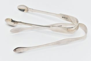 TWO PAIRS OF SILVER GEORGIAN SUGAR TONGS, the first a pair of polished fiddle pattern tongs,