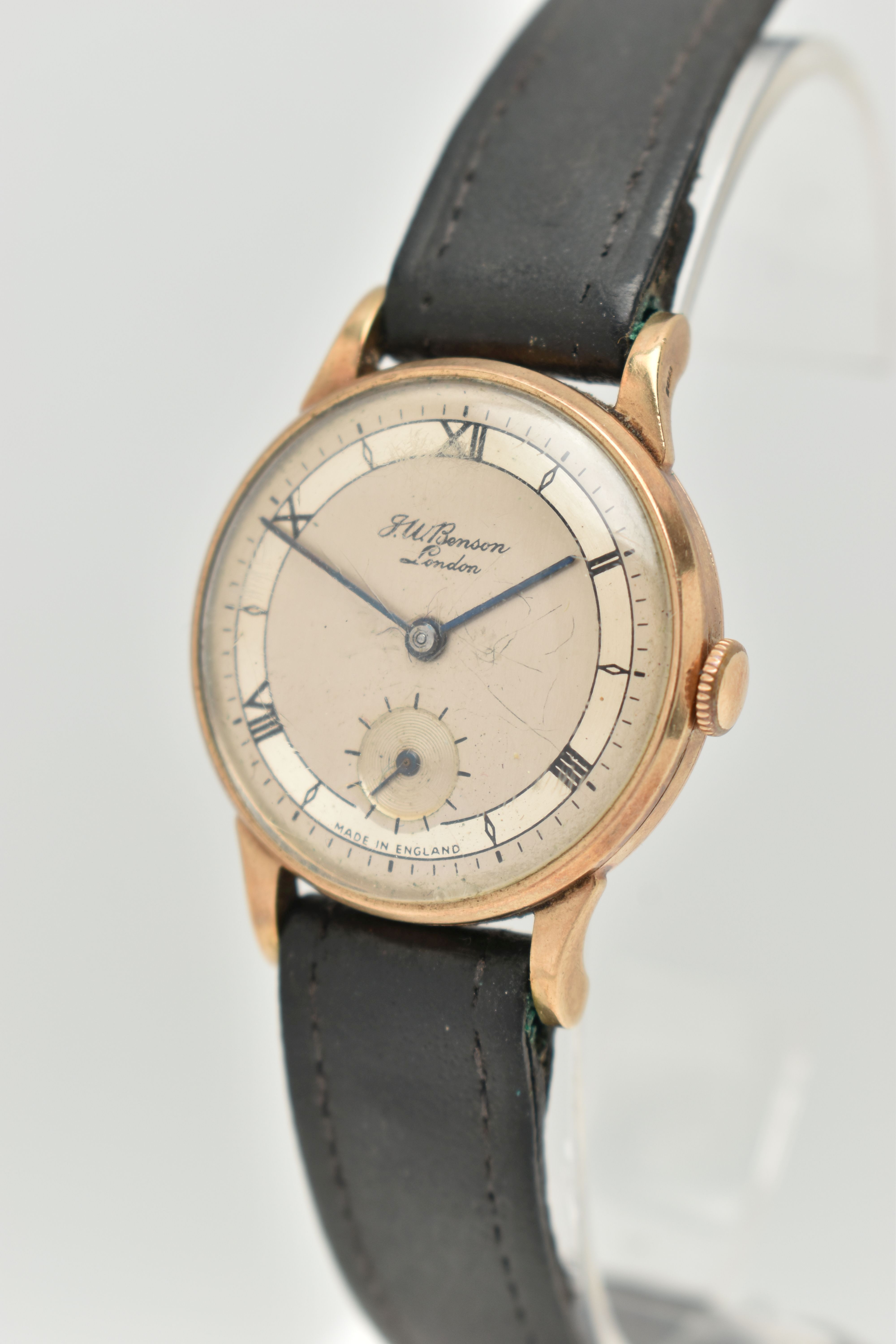 A GENTS 9CT GOLD 'J.W.BENSON' WRISTWATCH, manual wind, round silvered dial signed 'J.W.Benson - Image 3 of 6