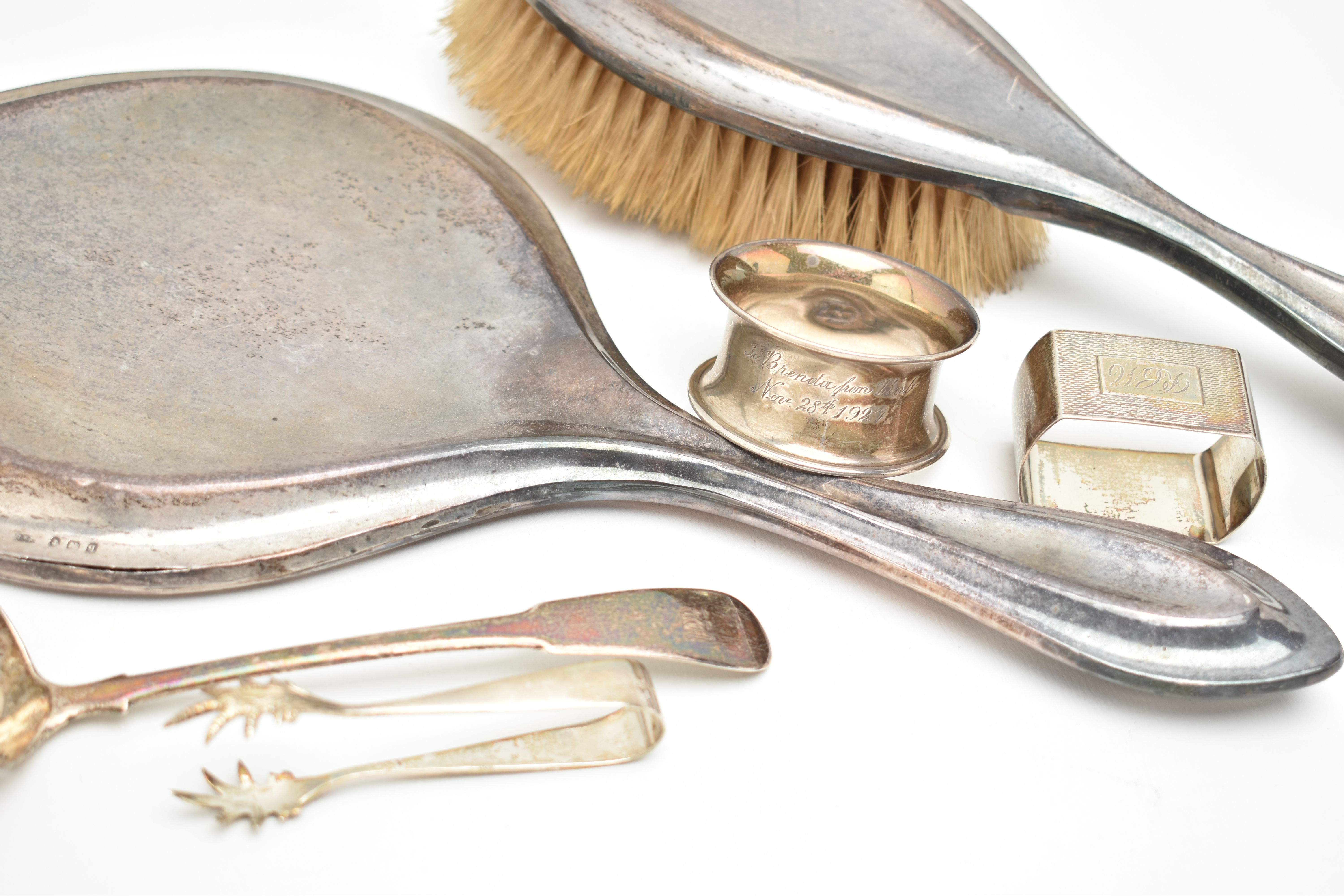 A SMALL ASSORTMENT OF SILVER, to include a hand held mirror and hair brush, hallmark rubbed - Image 2 of 3
