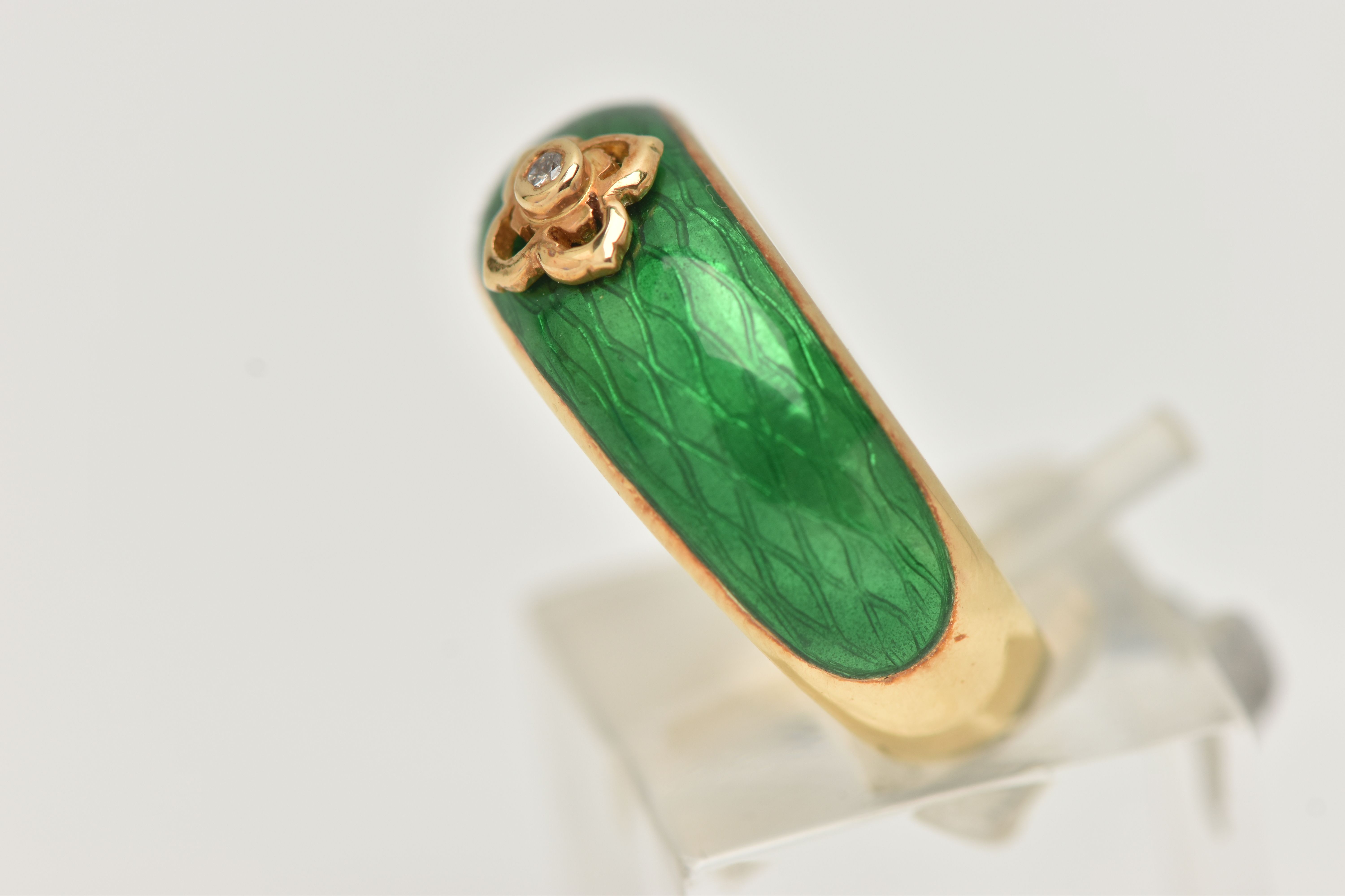 AN 18CT GOLD ENAMEL AND DIAMOND RING, the tapered band with green enamel to the front, a - Image 2 of 6