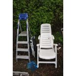 AN ALUMINIUM STEP LADDER, two steel steps and two folding plastic garden chairs (5)