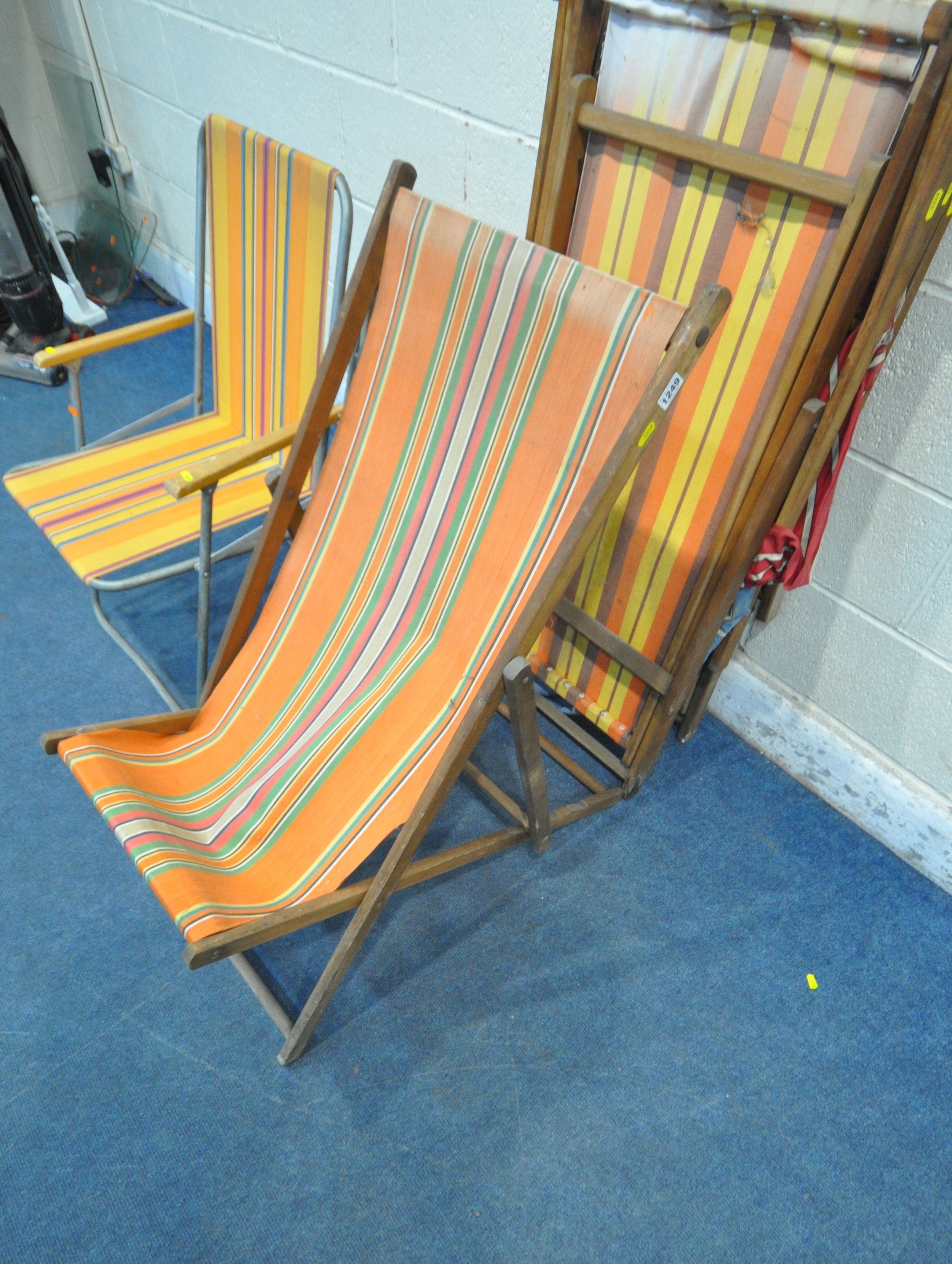 FOUR MID CENTURY FOLDING BEACH CHAIRS, with stripped fabric seats, along with a set of four - Image 2 of 4