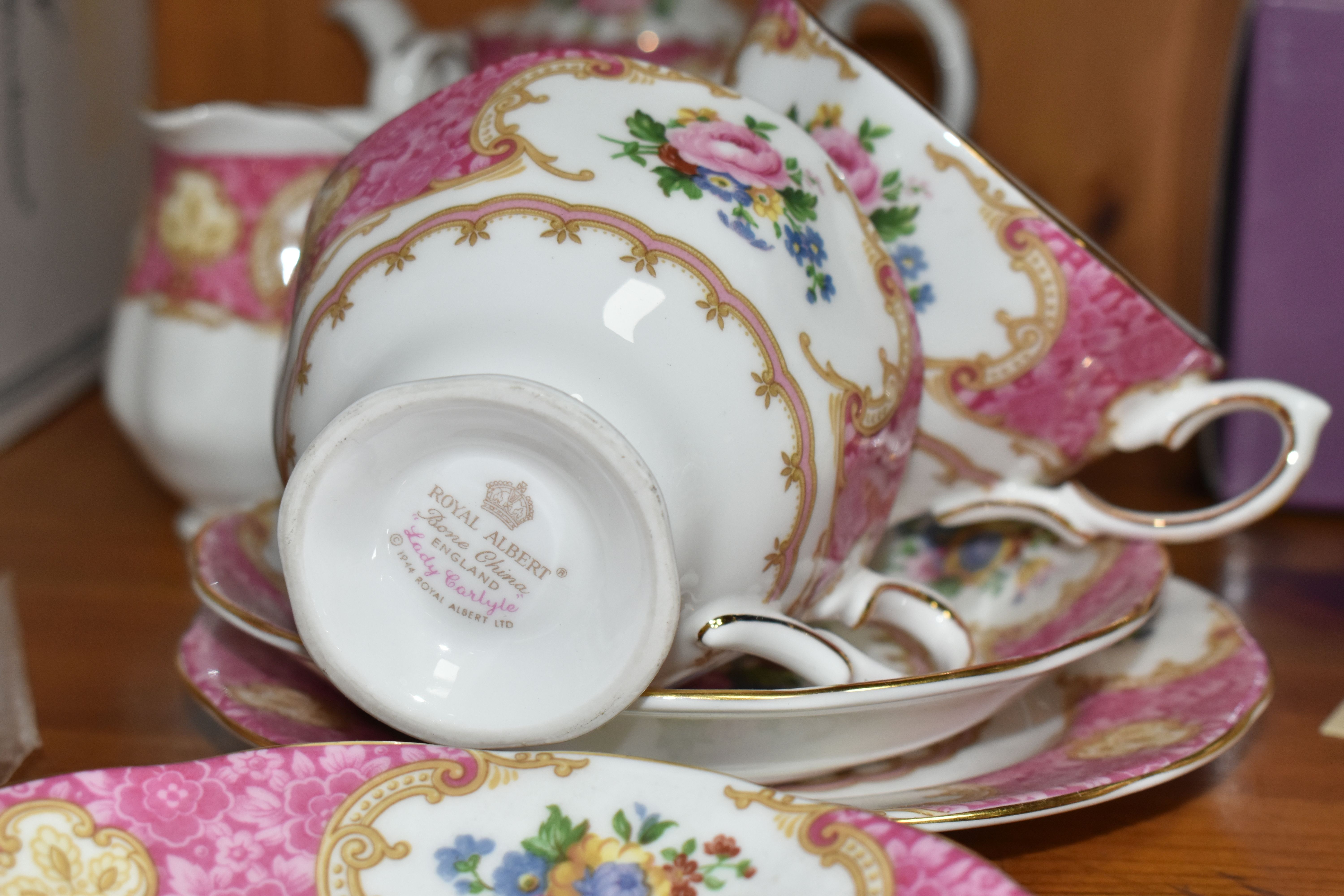 A ROYAL ALBERT 'LADY CARLYLE' PATTERN TEA SET FOR TWO, comprising a small teapot, milk jug, sugar - Image 4 of 5