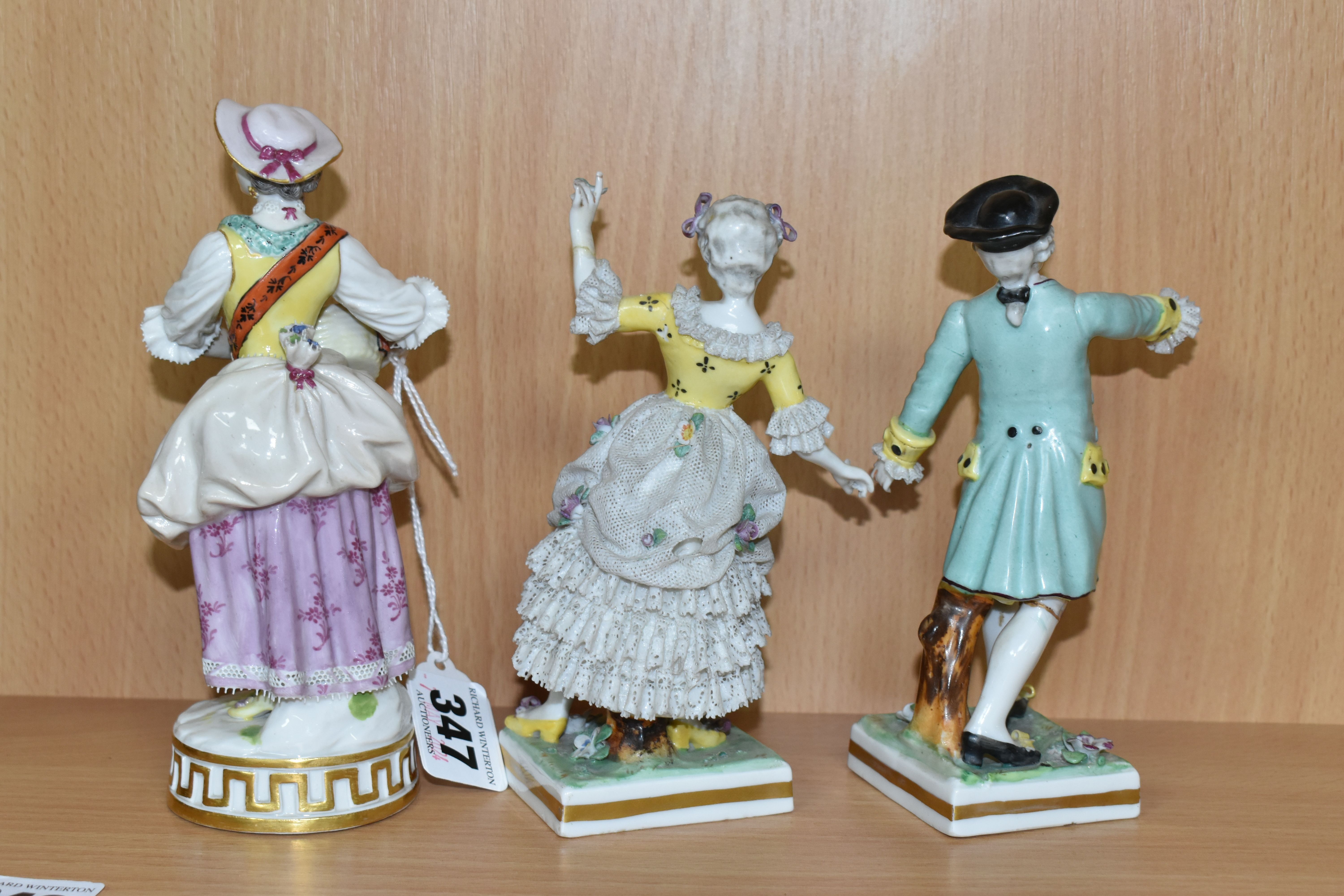 A MEISSEN PORCELAIN FIGURE OF A GARDENER AND TWO OTHER CONTINENTAL PORCELAIN FIGURES, the Meissen - Image 3 of 5